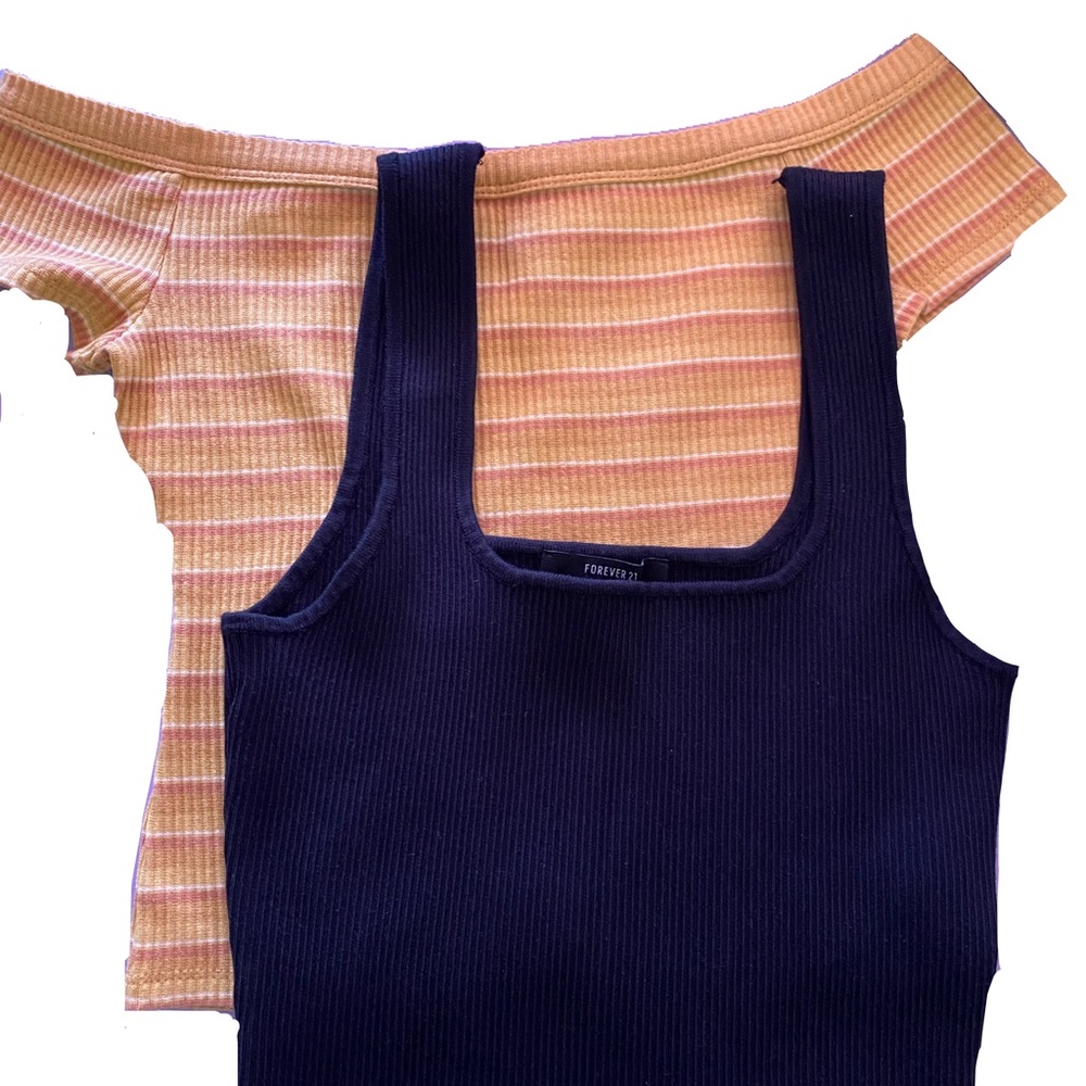 Off the Shoulder Striped Shirt and Black Tank Top Bundle